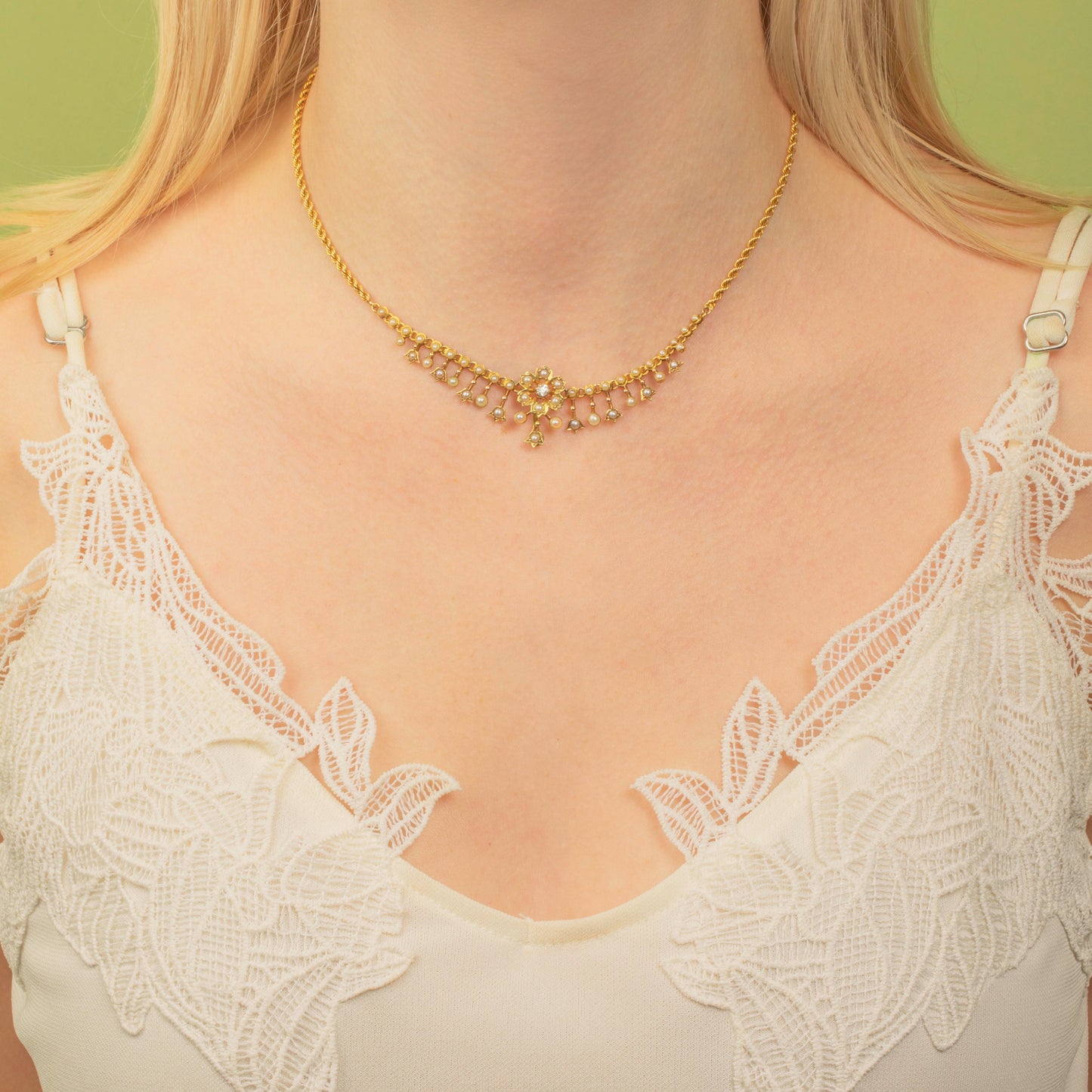 15ct Gold Edwardian Pearl Diamond Flower Necklace
