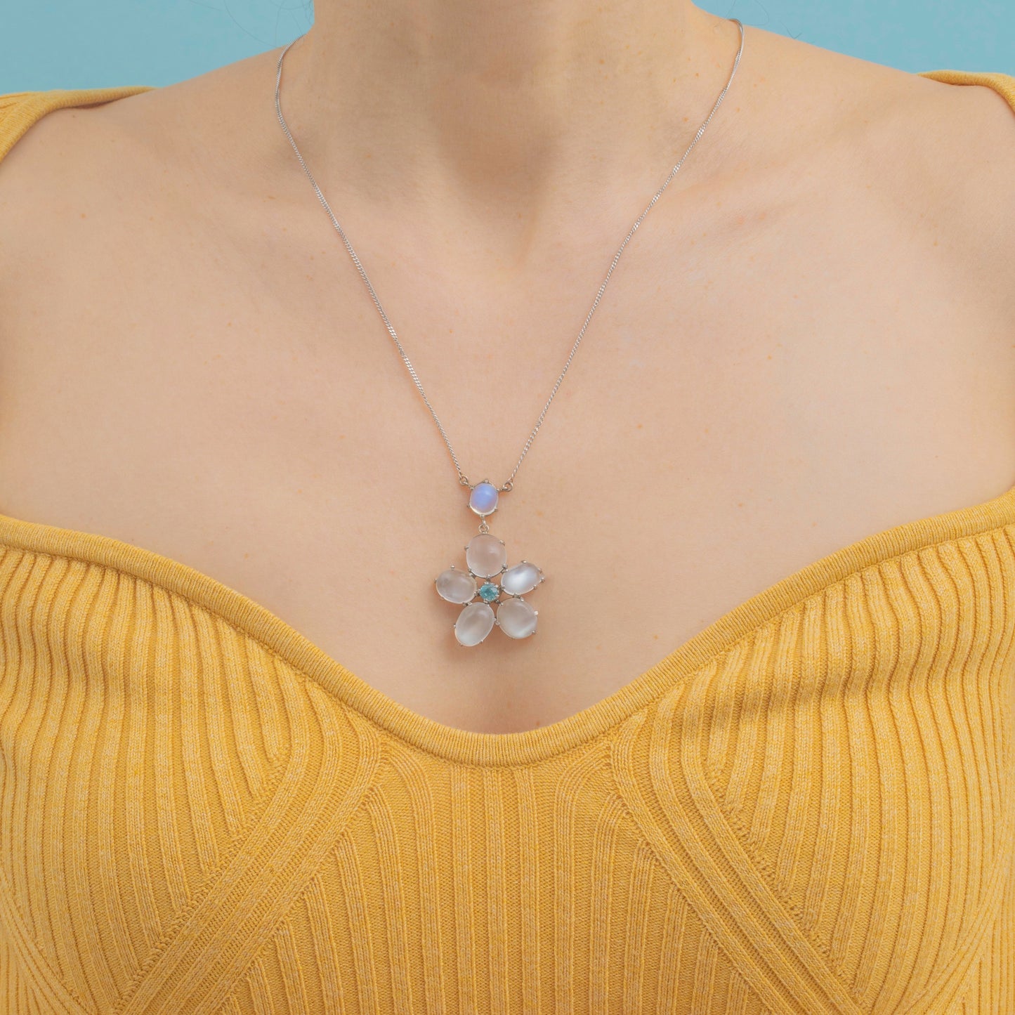 18ct Gold Moonstone & Blue Zircon Flower Drop Necklace, 13.50ct