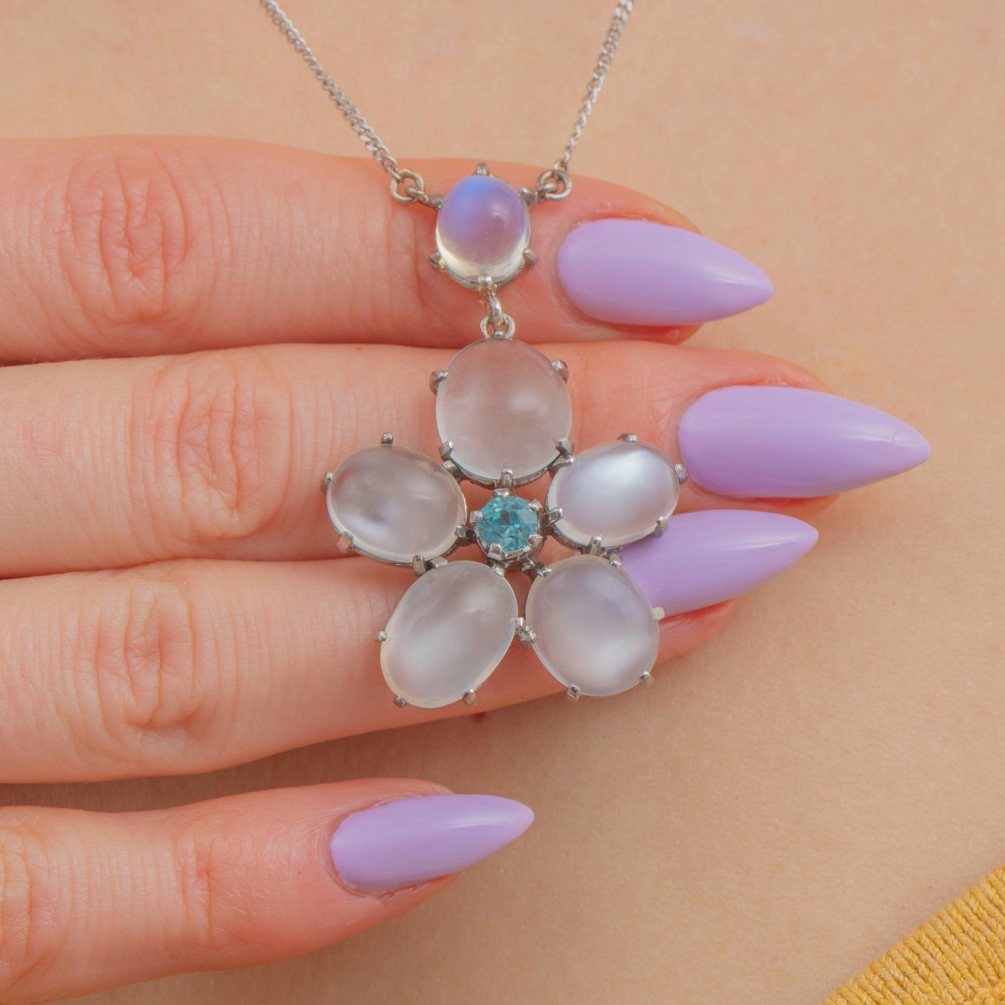 18ct Gold Moonstone & Blue Zircon Flower Drop Necklace, 13.50ct