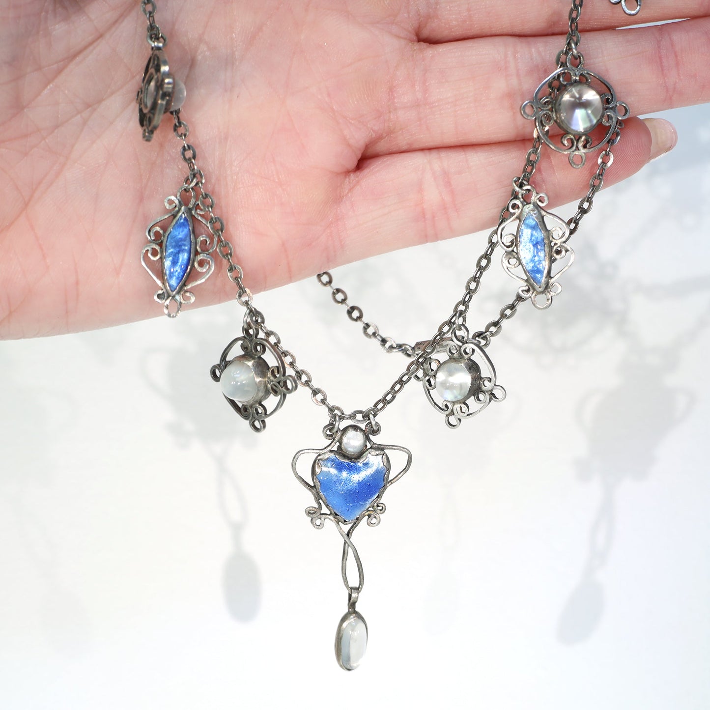 Antique Arts and Crafts Era Necklace Blue Enamel Silver Moonstone