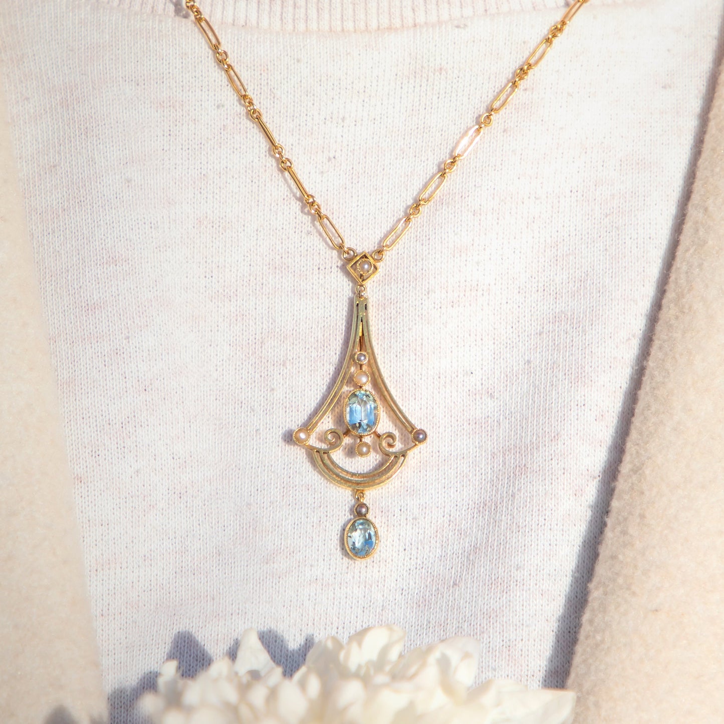 15.5 Edwardian 15ct Gold Aquamarine & Pearl Necklace