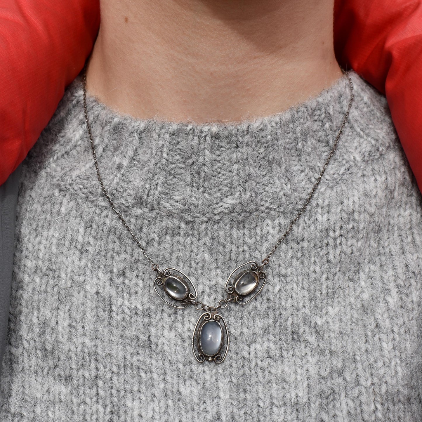 Antique Moonstone Sterling Silver Triple Drop Pendant Necklace | Arts and Crafts
