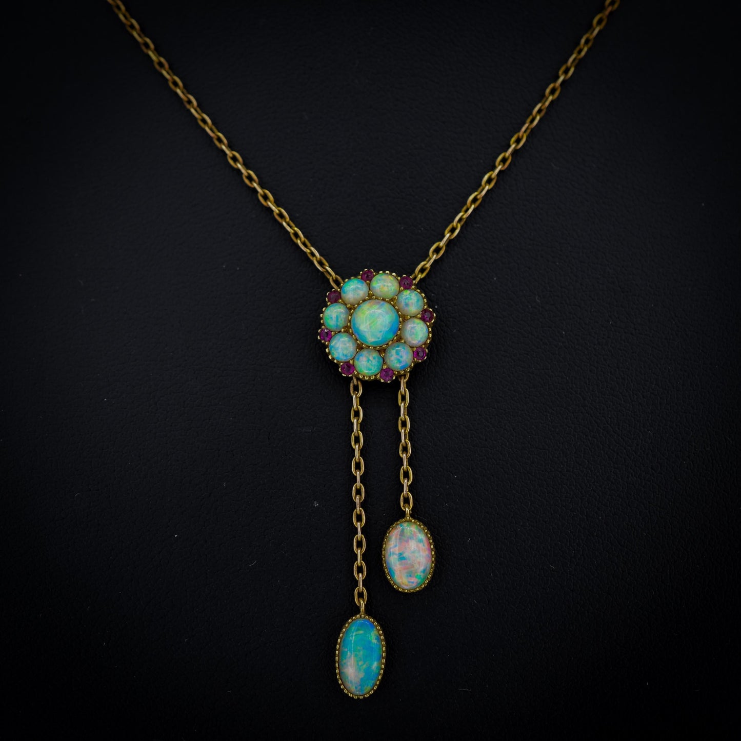 Antique Edwardian Opal and Ruby Drop 15ct Gold Pendant Necklace | 16