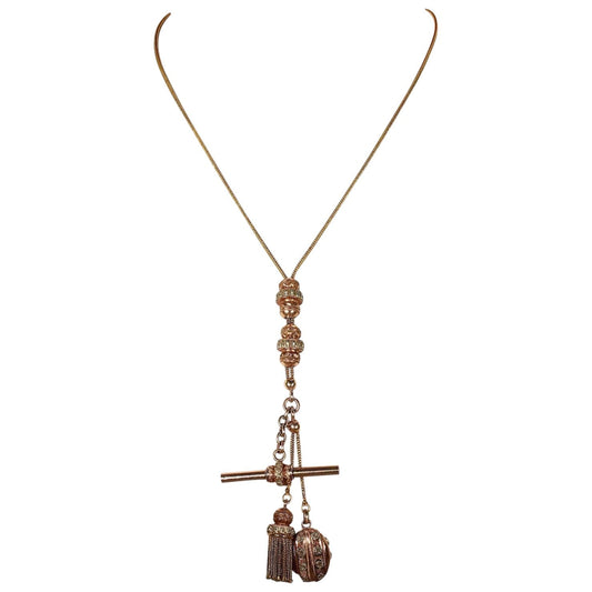Antique French Gold Watch Chain Necklace Locket Tassel T-bar