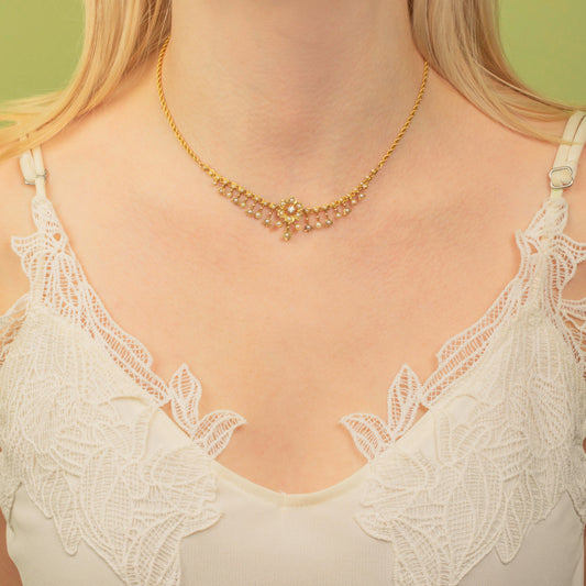 15ct Gold Edwardian Pearl Diamond Flower Necklace