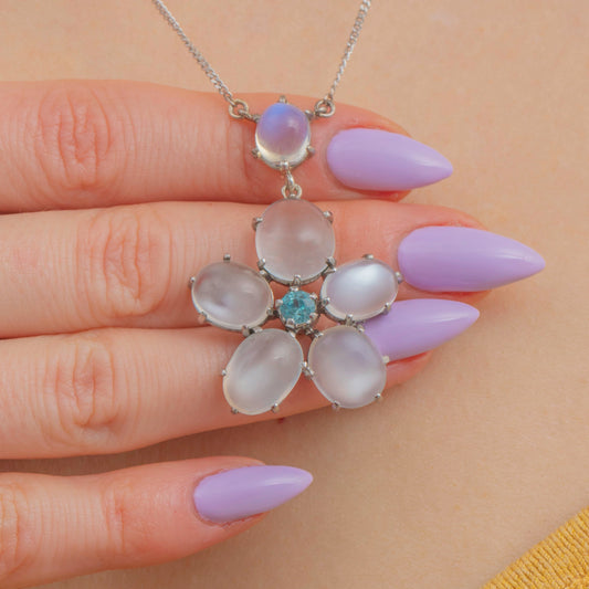 18ct Gold Moonstone & Blue Zircon Flower Drop Necklace, 13.50ct