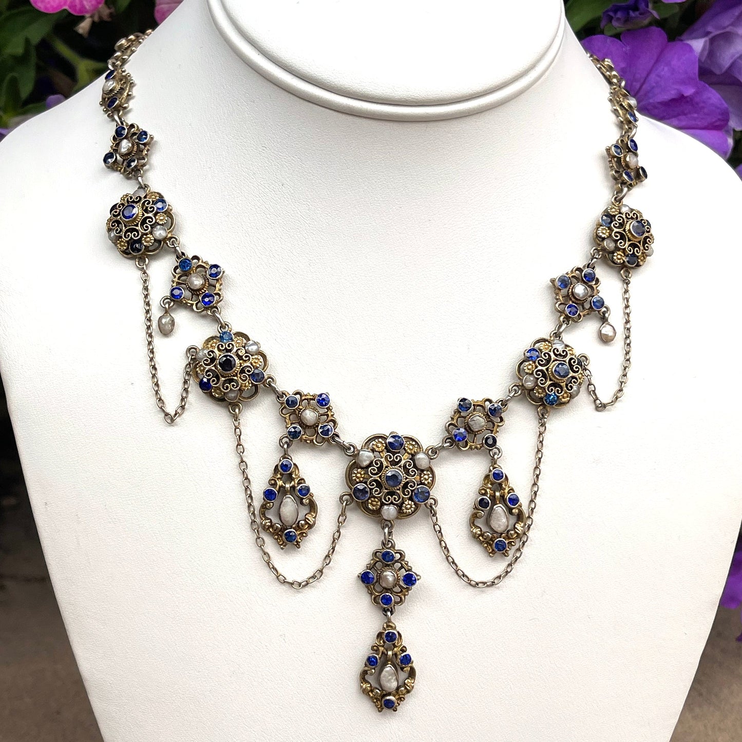 Antique Austro-Hungarian Necklace Blue Paste and Pearl Silver Gilt