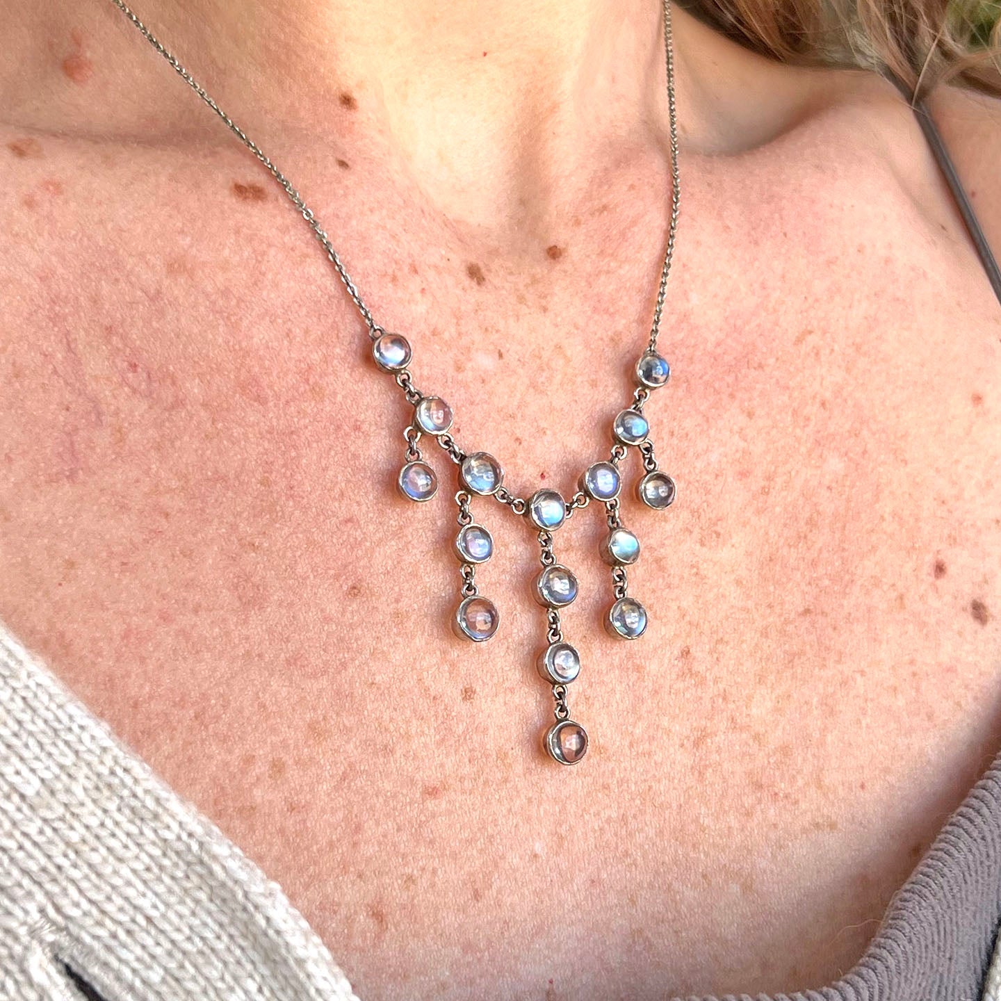Antique Edwardian Silver Moonstone Drop Necklace, c. 1910