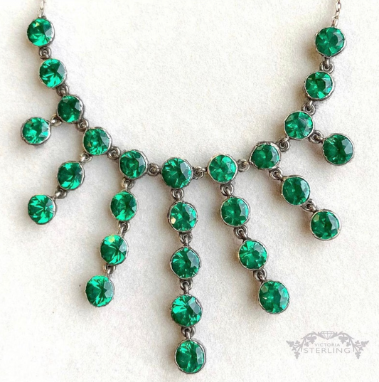 Antique Emerald Green Paste Silver Necklace