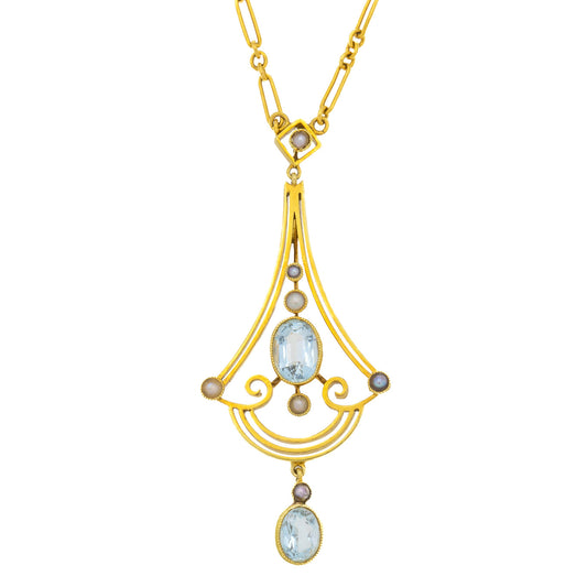 15.5 Edwardian 15ct Gold Aquamarine & Pearl Necklace