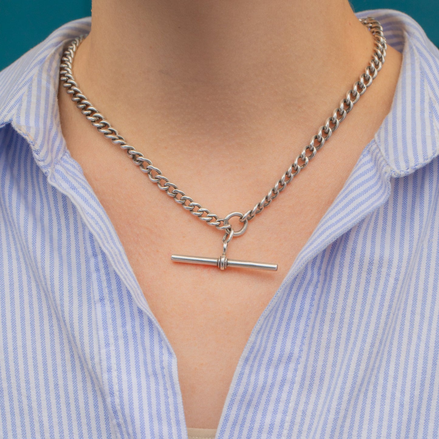 18 Antique Silver Albert Chain with Dog-Clip & T-Bar 43.5g