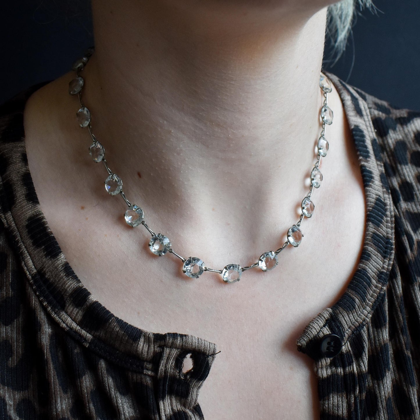 Antique Clear Paste Riviere Silver Short Collar Necklace | 15.5