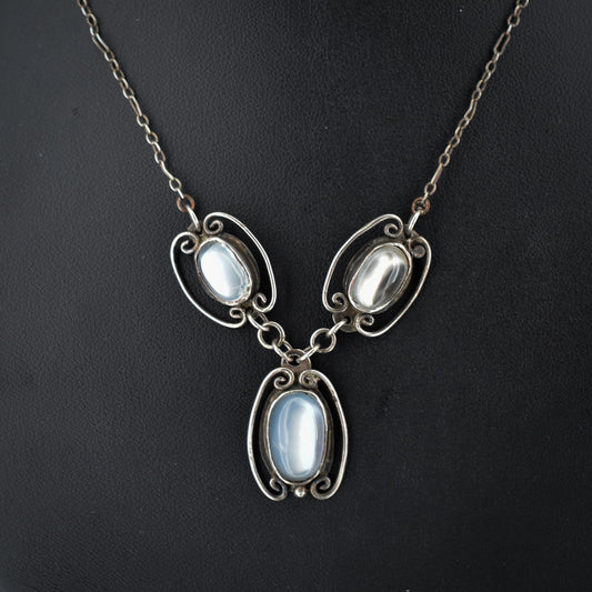 Antique Moonstone Sterling Silver Triple Drop Pendant Necklace | Arts and Crafts