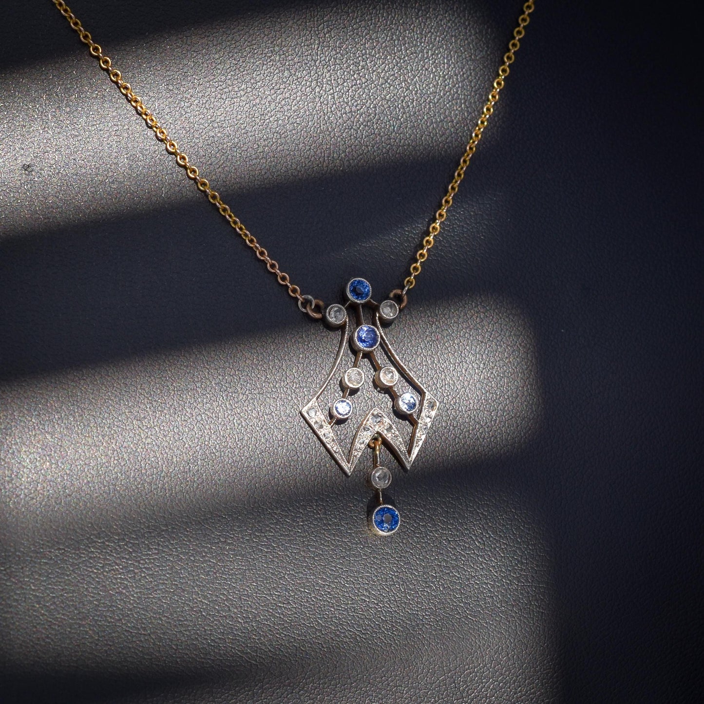 Antique Diamond and Blue Sapphire Drop Gold Pendant Necklace | 19 Length