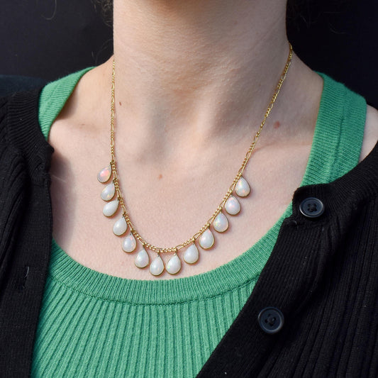 Natural Opal Silver Gold Gilt Figaro Fringe Necklace