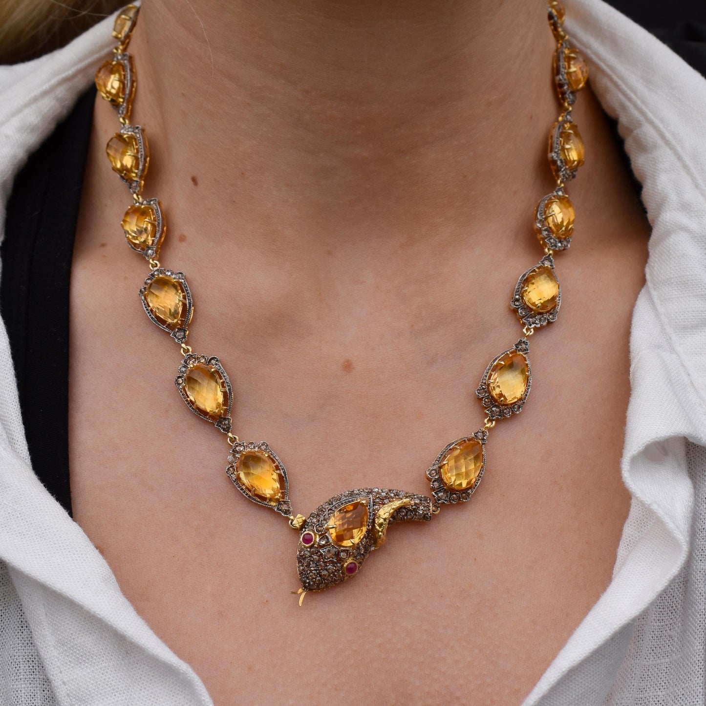 Rose Cut Diamond and Citrine Gold Snake Serpent Necklace  | 18