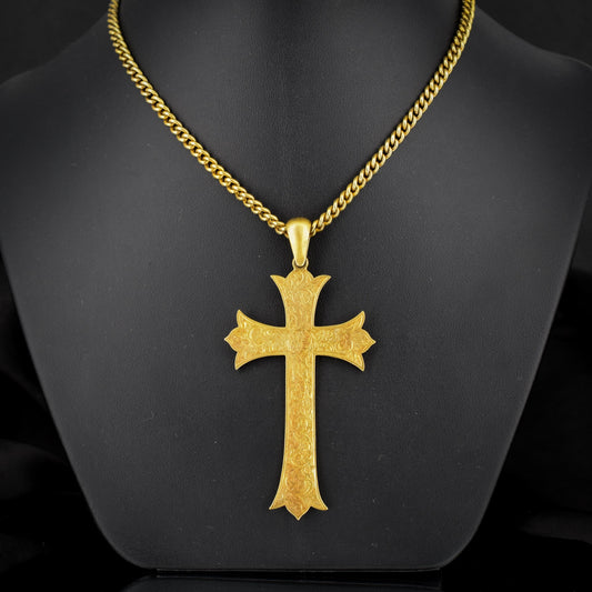 Antique Victorian Large Engraved Cross Pendant and Chain Necklace