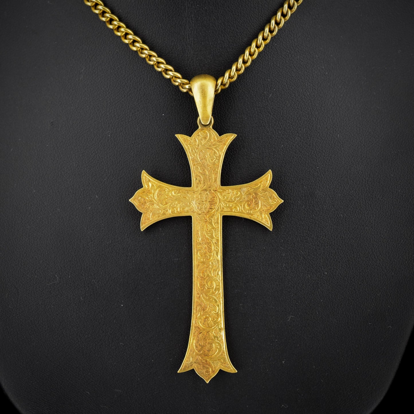Antique Victorian Large Engraved Cross Pendant and Chain Necklace