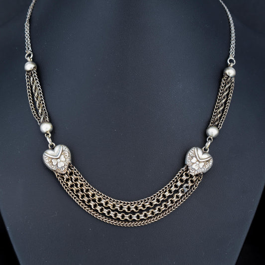 Antique Silver Multi-Strand Heart Albertina Chain Necklace 17