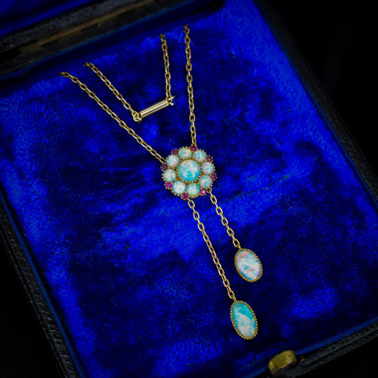 Antique Edwardian Opal and Ruby Drop 15ct Gold Pendant Necklace | 16