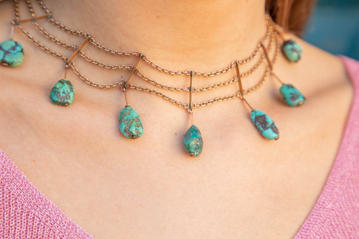 14.5 Antique 9ct Gold Turquoise Collar Necklace